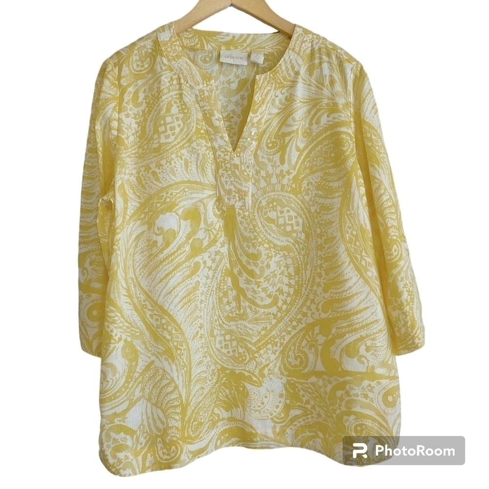 Chico's Linen Yellow and White Paisley Boho Popover Tunic Sz Large